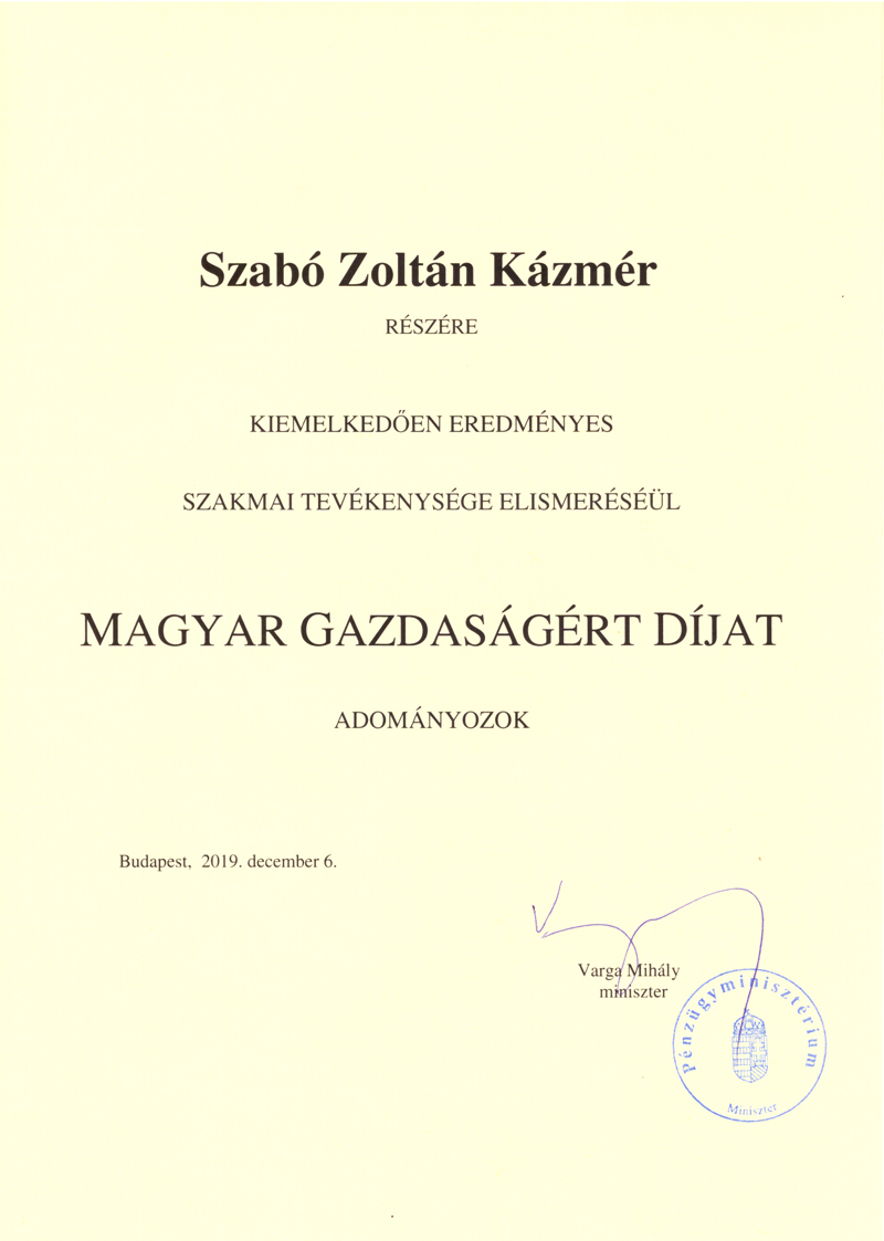 Szabó Zoltán Kázmér - Magyar Gazdaságért Díj